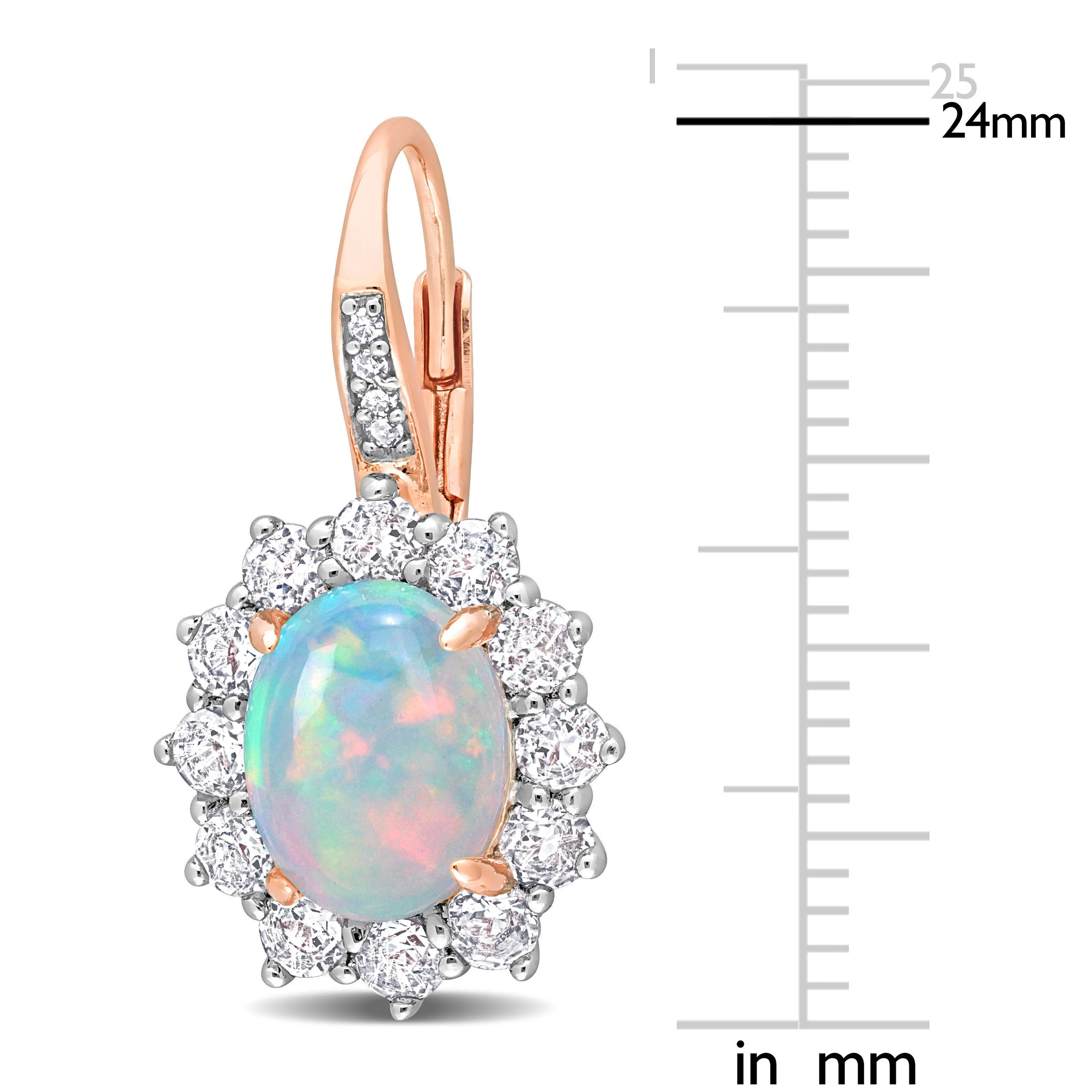 1 3/4 CT TGW Oval Shape Blue Ethiopian Opal and White Topaz and Diamond Accent Halo Leverback Earrings in Rose Plated Sterling Silver