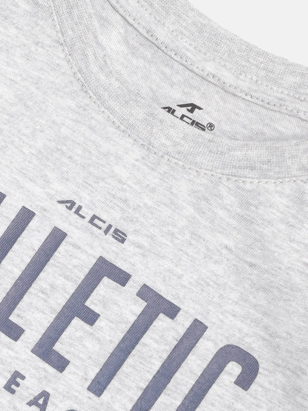 Alcis Boys Grey Melange & Navy Blue Typography Print Round Neck Sports T-shirt