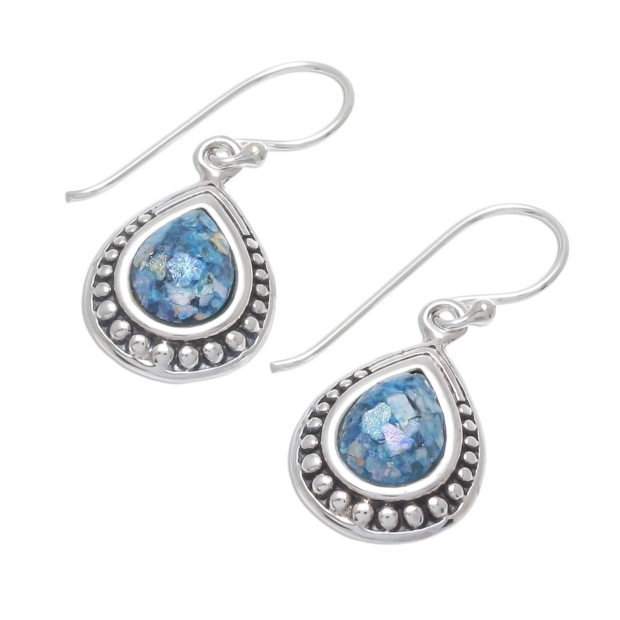 Ancient Teardrops Drop-Shaped Roman Glass Dangle Earrings from Thailand