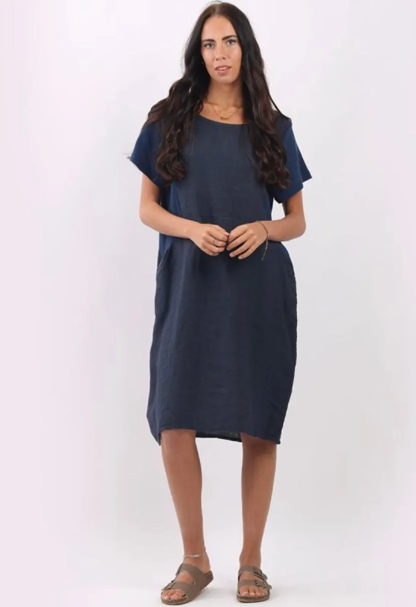 Anne   Kate Italian Linen Lagenlook Dress with Rib Sleeves