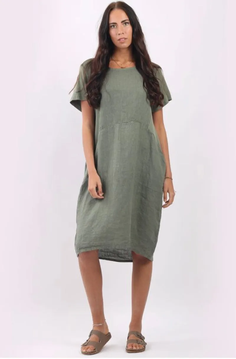 Anne   Kate Italian Linen Lagenlook Dress with Rib Sleeves