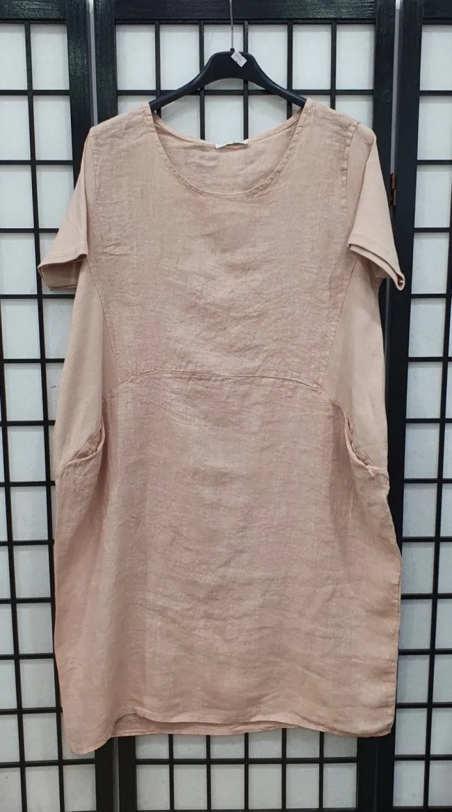 Anne   Kate Italian Linen Lagenlook Dress with Rib Sleeves