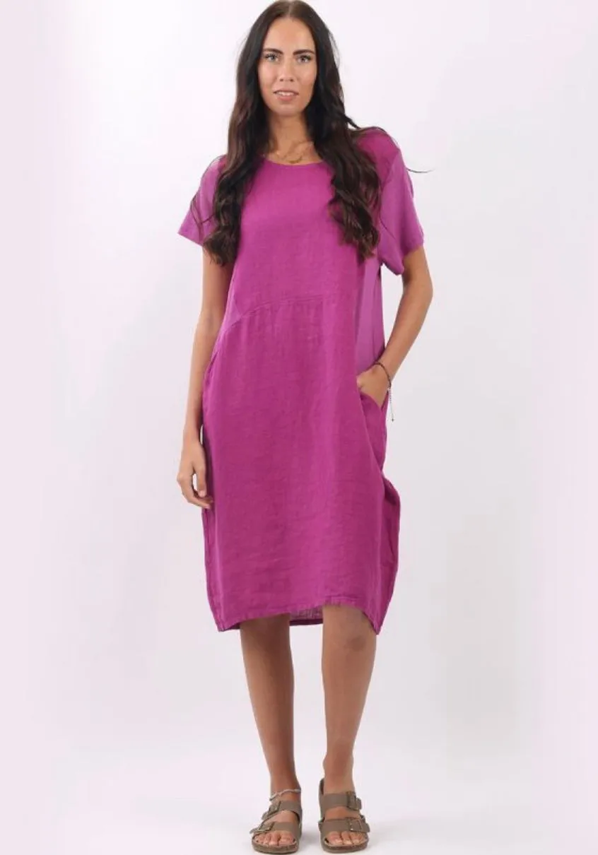 Anne   Kate Italian Linen Lagenlook Dress with Rib Sleeves