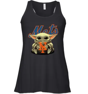 Baby Yoda Hugs Loves The New York Mets Baseball Womens Racerback Tank Top