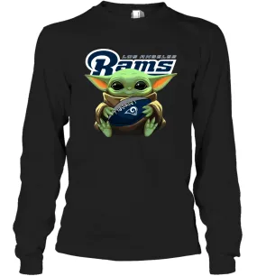 Baby Yoda Loves The Los Angeles Rams Star Wars Baby Yoda Hugs Rams NFL Adult Long Sleeve T-Shirt