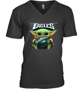 Baby Yoda Loves The Philadelphia Eagles Star Wars Baby Yoda Hugs Eagles NFL Mens V-Neck T-Shirt