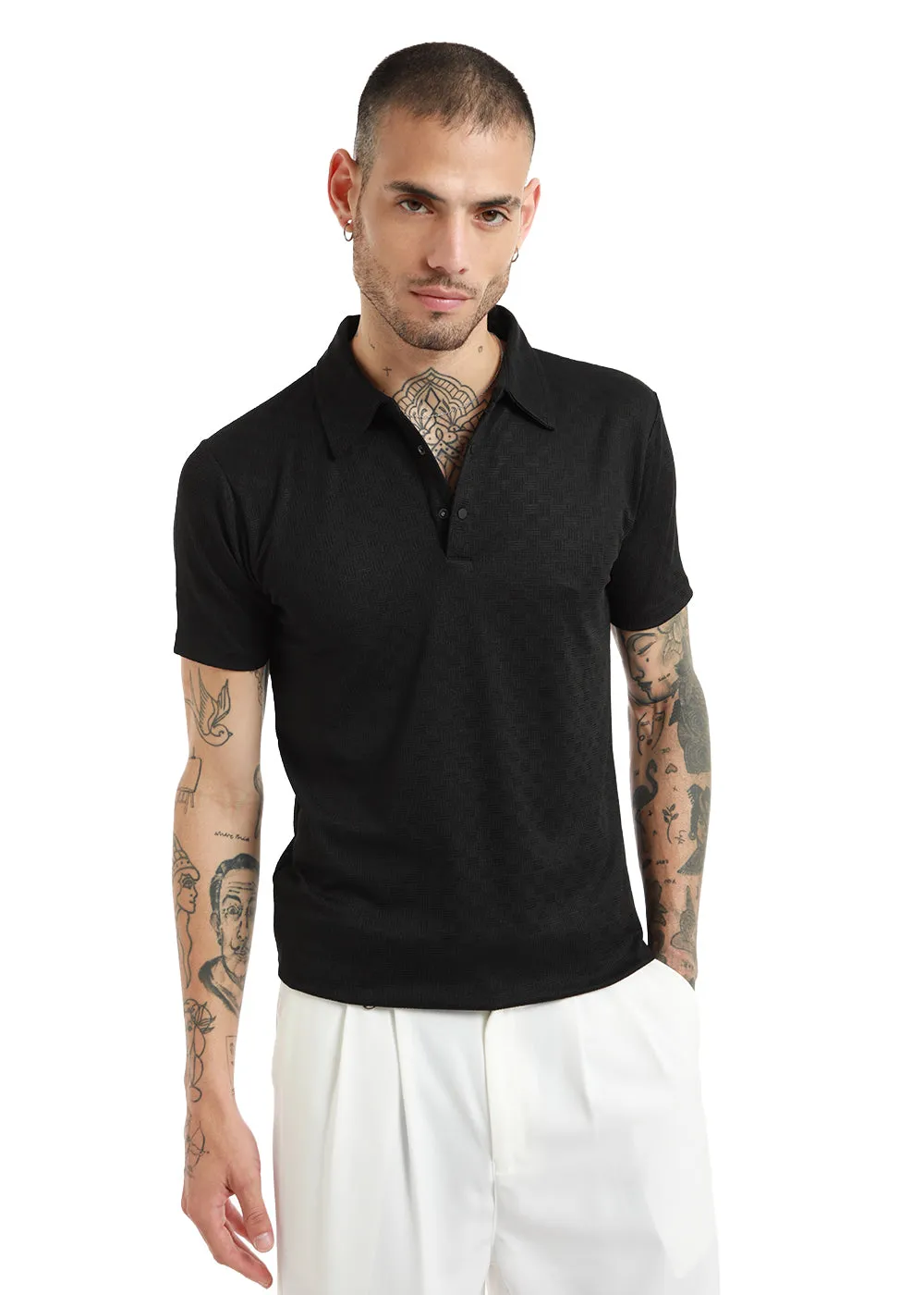 Basket Weave Black Polo Tshirt