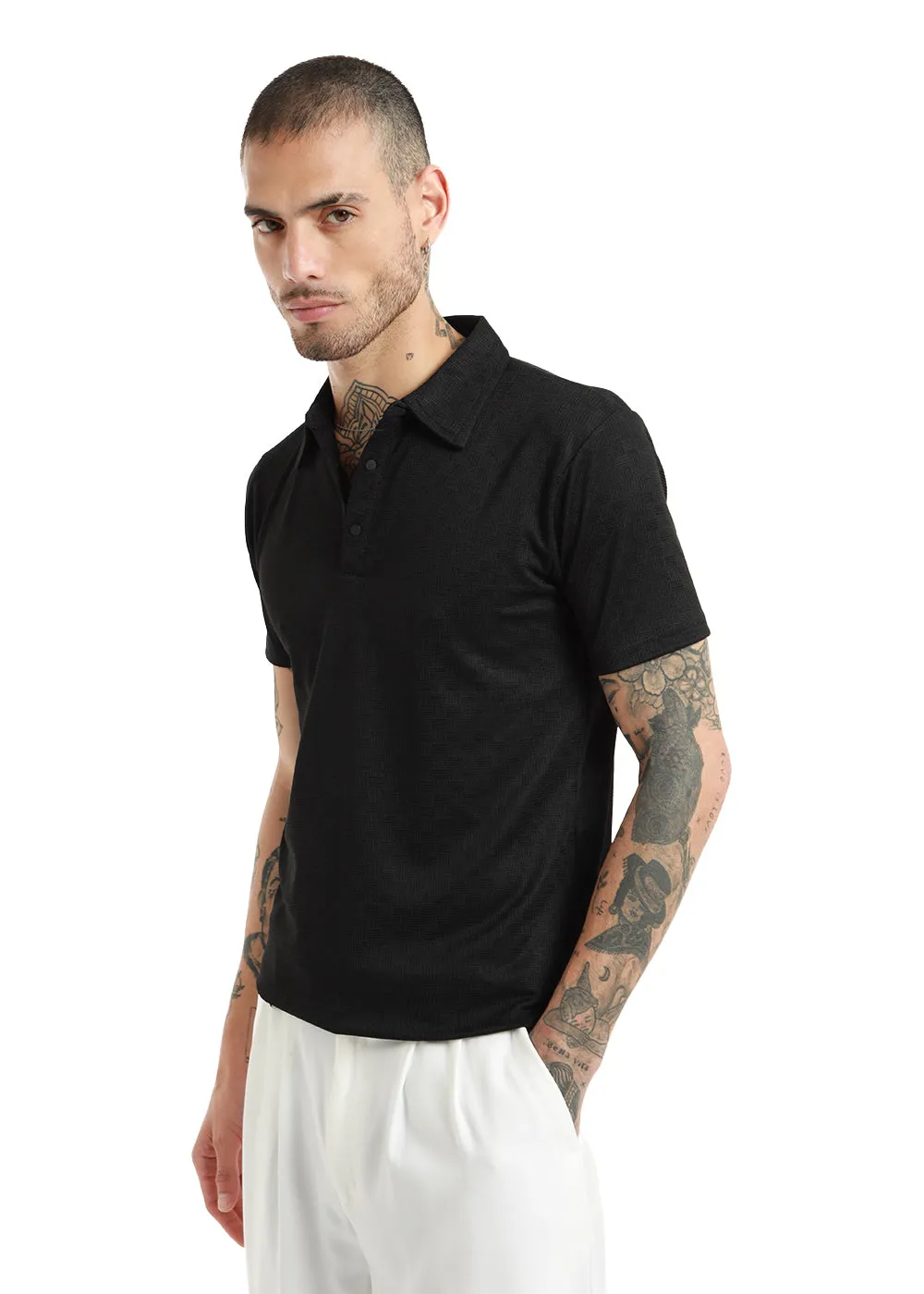 Basket Weave Black Polo Tshirt