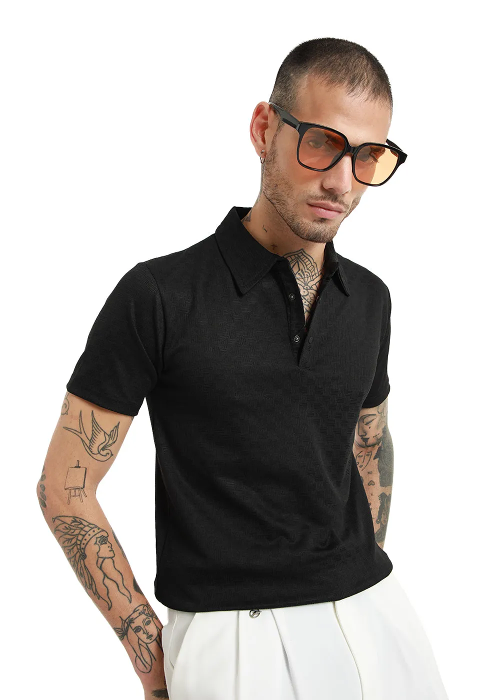 Basket Weave Black Polo Tshirt