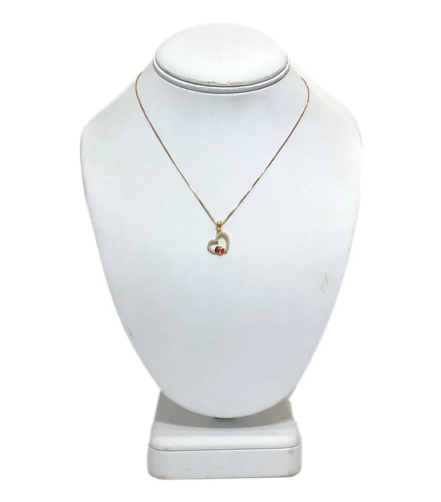 Diamond Heart & Enamel Lady Bug Pendant With Chain