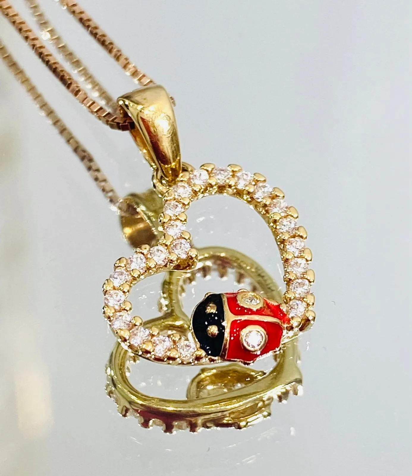 Diamond Heart & Enamel Lady Bug Pendant With Chain