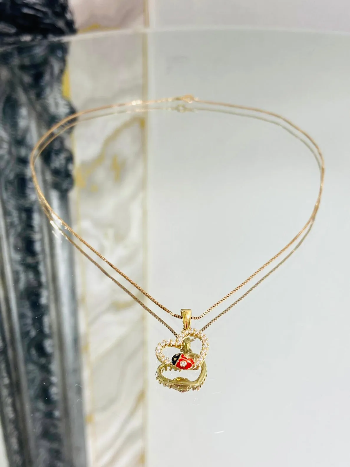 Diamond Heart & Enamel Lady Bug Pendant With Chain