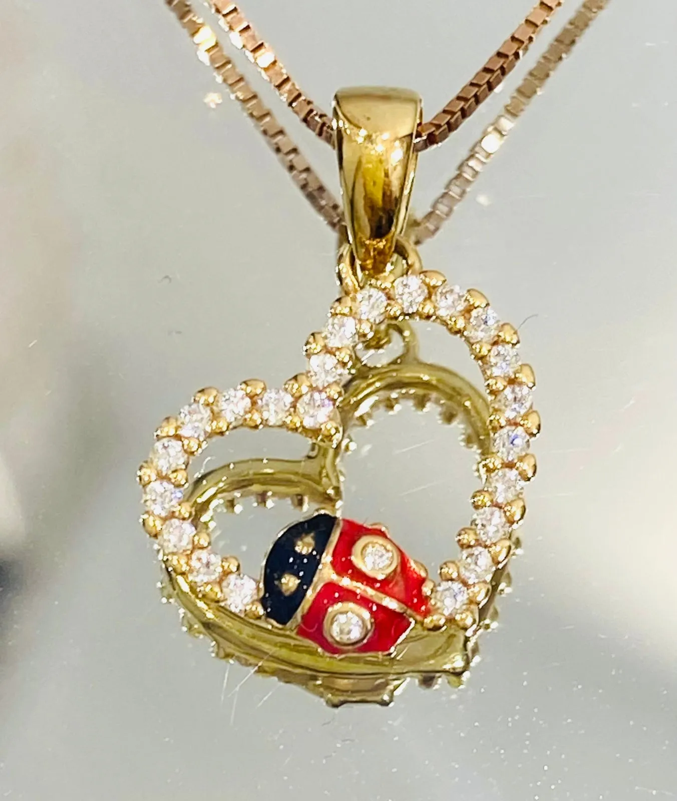 Diamond Heart & Enamel Lady Bug Pendant With Chain