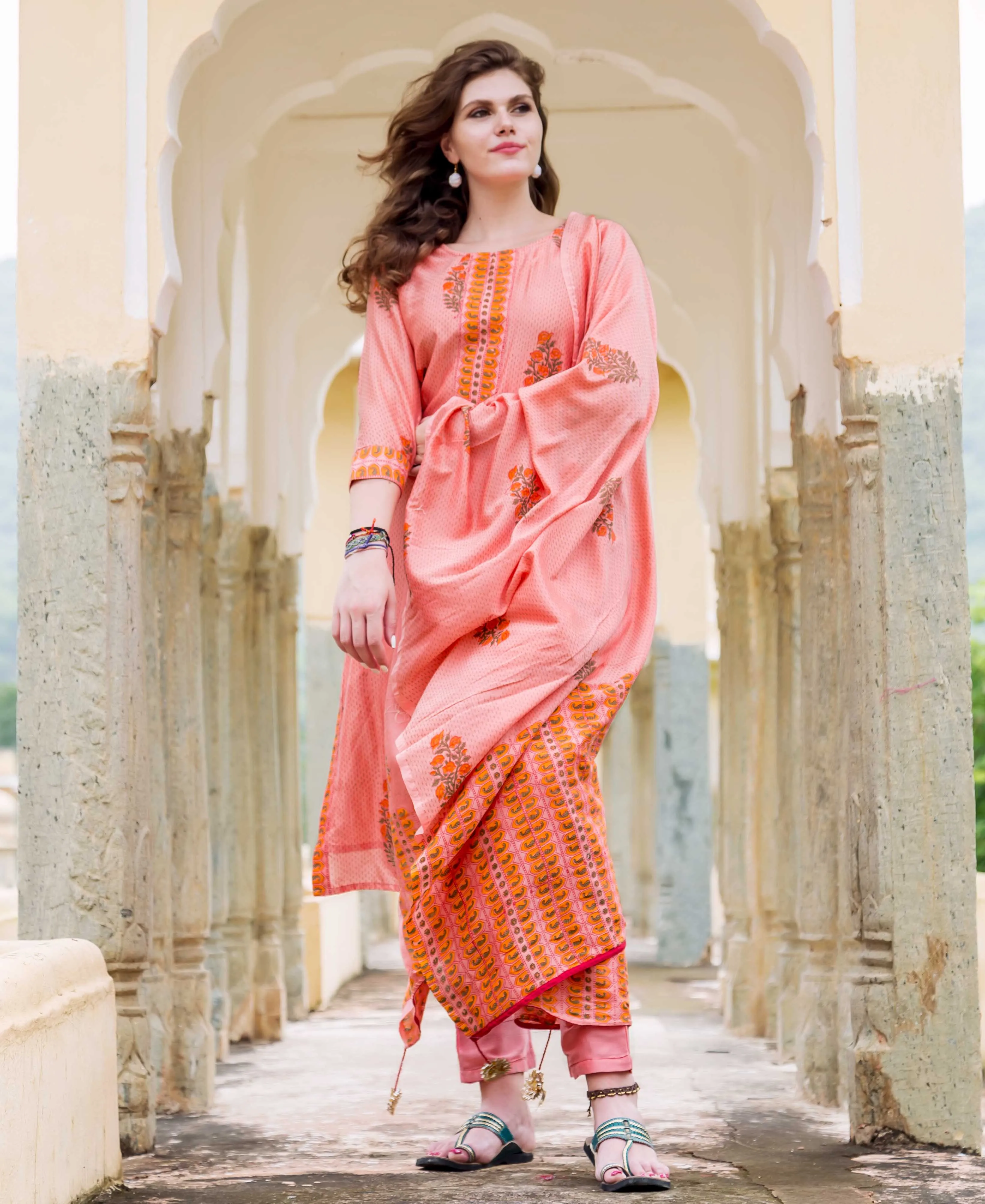 Farha Peach Chanderi Block Printed Kurta