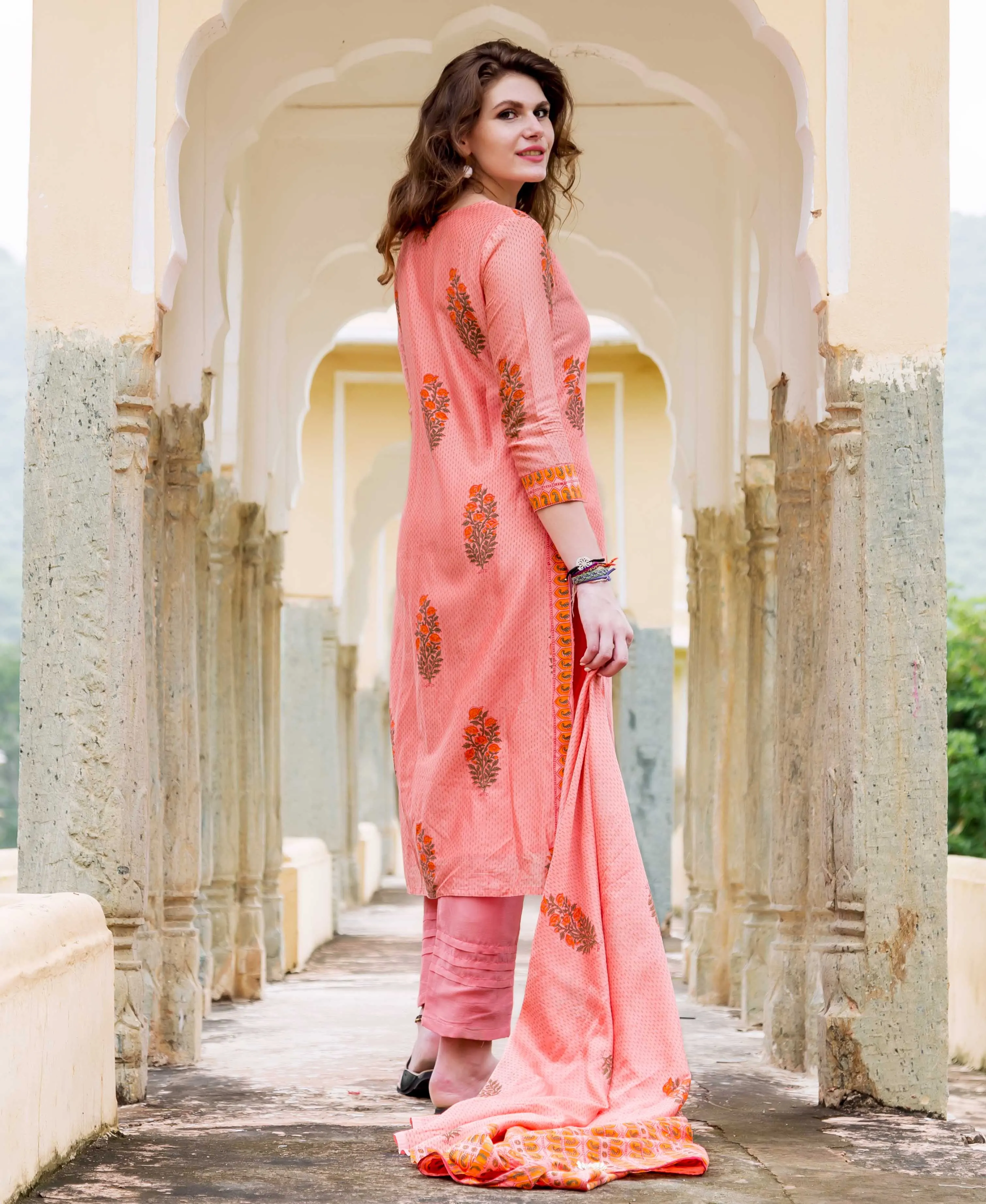 Farha Peach Chanderi Block Printed Kurta