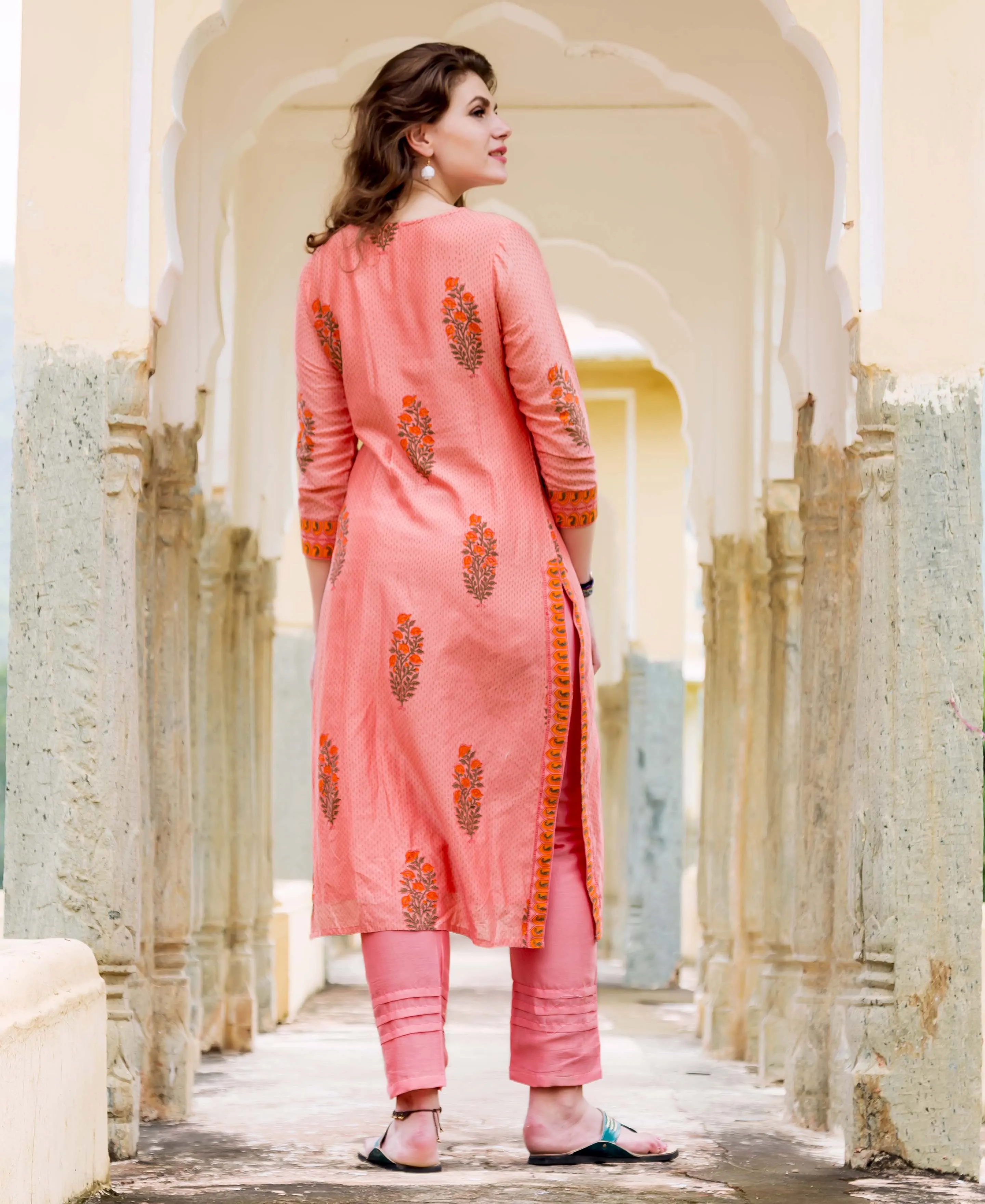 Farha Peach Chanderi Block Printed Kurta