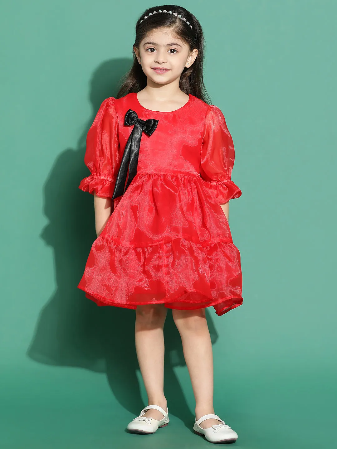 Girls Red Solid Partywear Dress