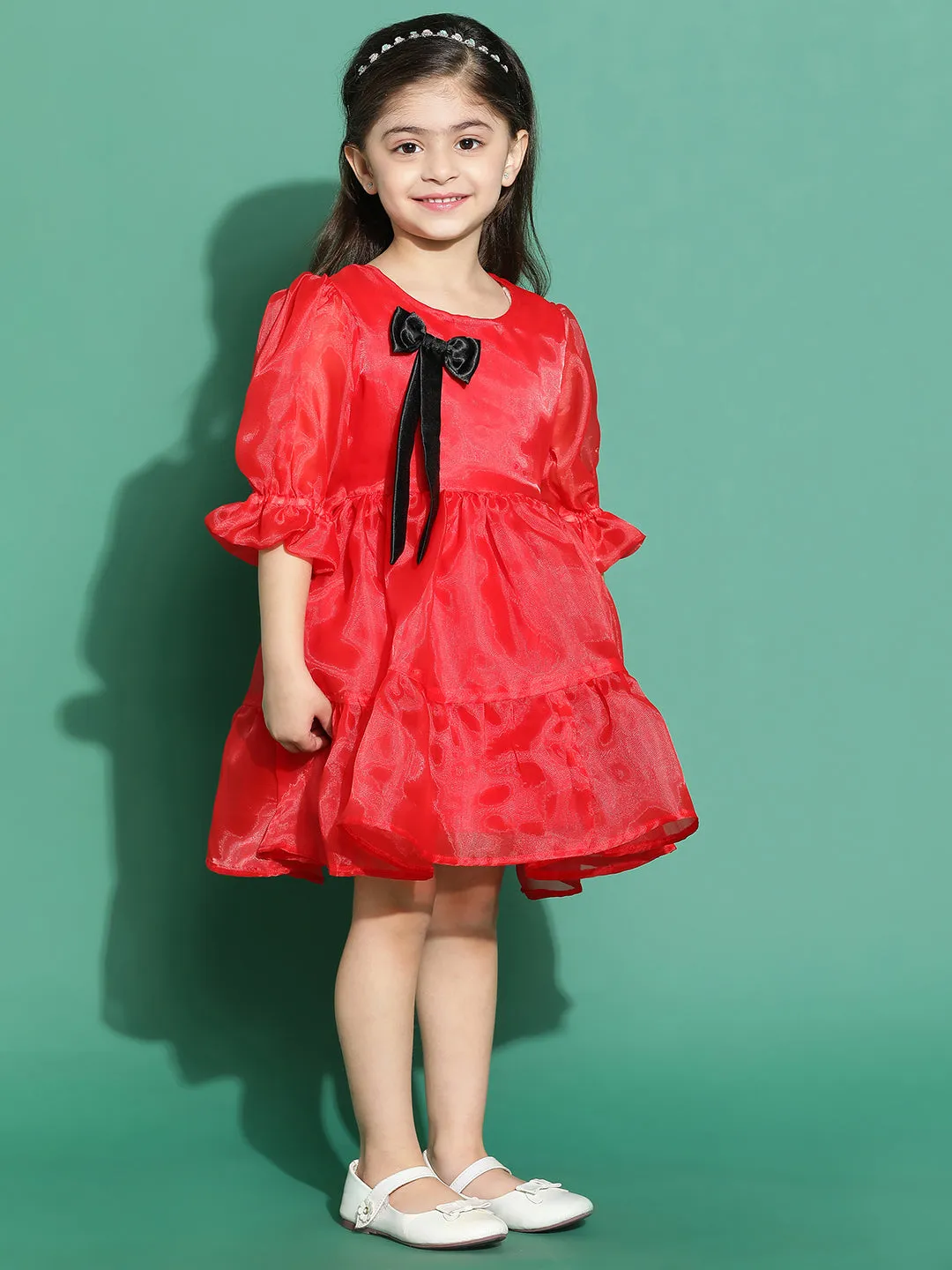 Girls Red Solid Partywear Dress