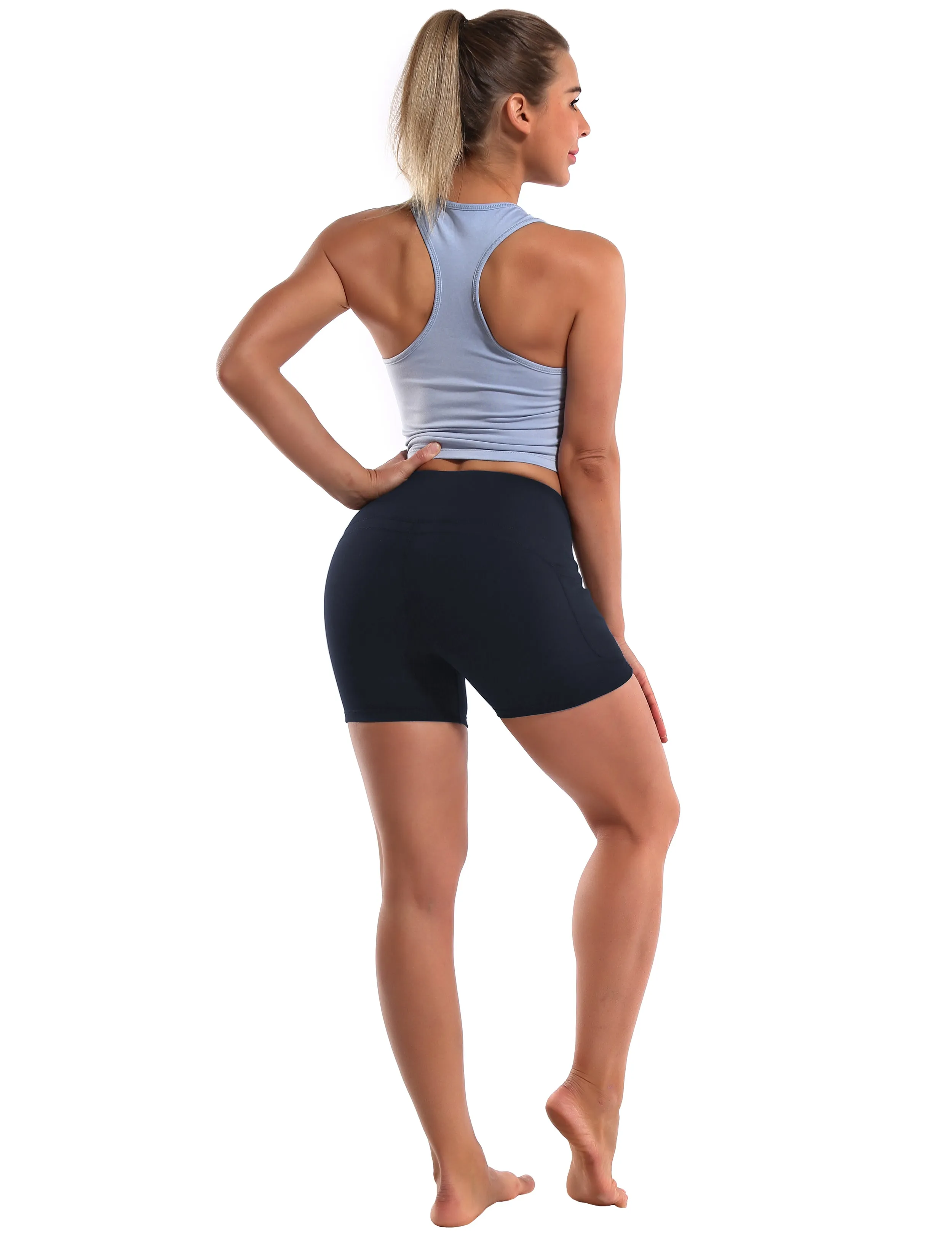 High Waist Side Pockets Yoga Shorts darkblue