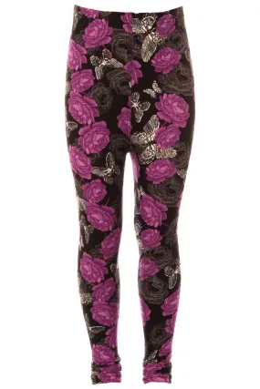 Kid's Purple Rose Butterfly Pattern Printed Leggings