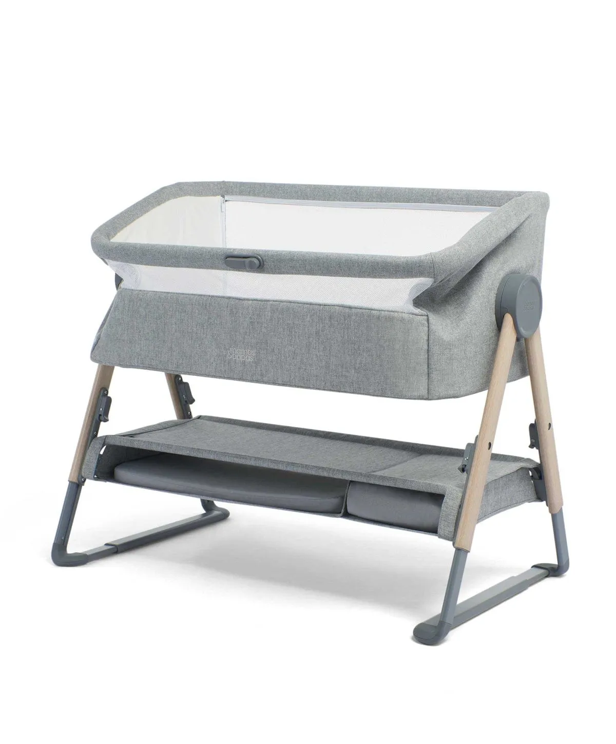 Mamas & Papas Lua Bedside Crib with Mattress Protector & Fitted Sheets - White/Grey