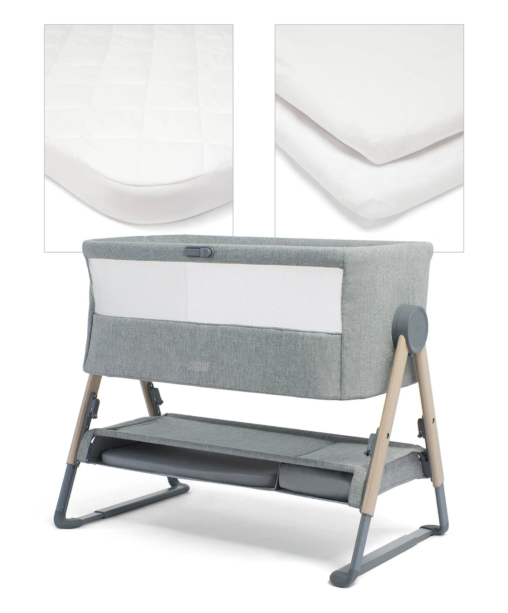 Mamas & Papas Lua Bedside Crib with Mattress Protector & Fitted Sheets - White/Grey