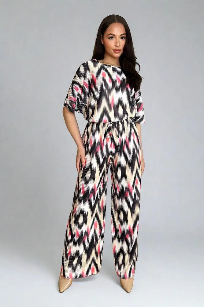 Multicolour Zig Zag Pattern Plisse Top And Trousers Set