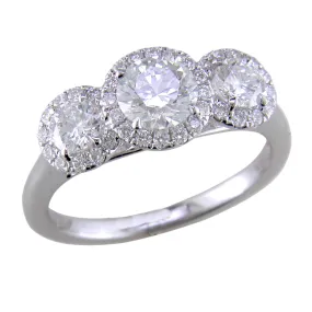 Point of Love Round Diamond Three Stone White Gold Halo Engagement Ring 1 1/2 Carats