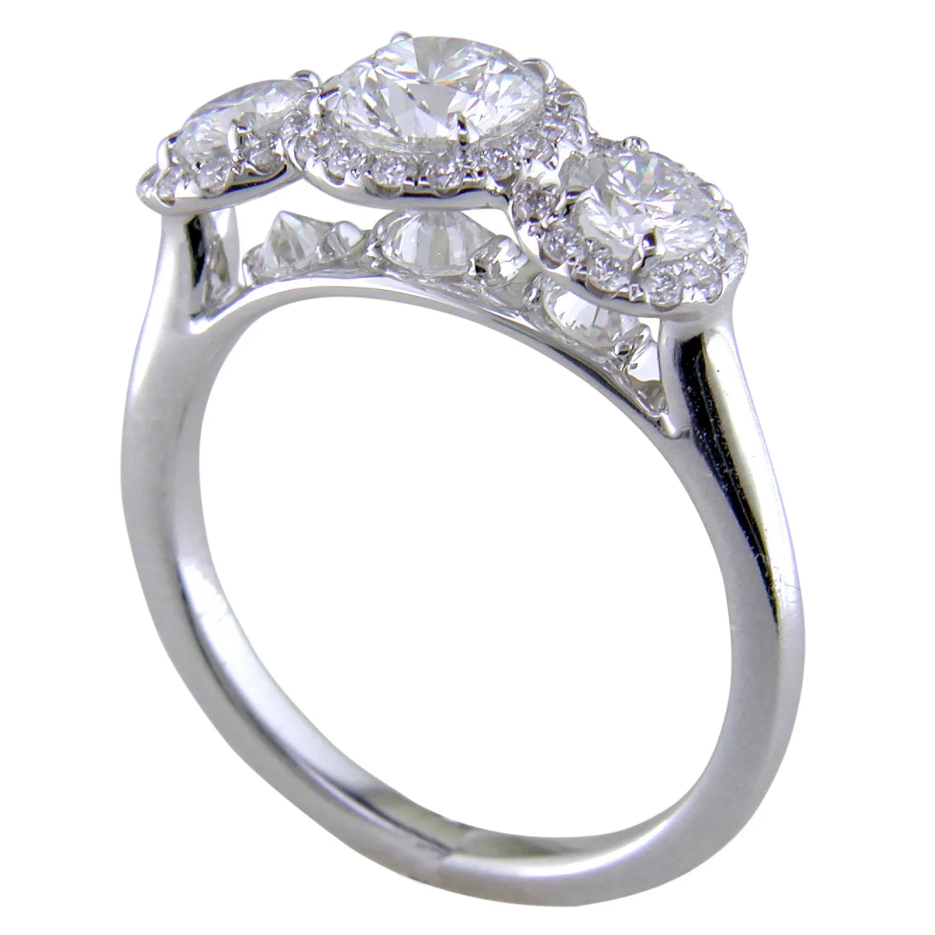 Point of Love Round Diamond Three Stone White Gold Halo Engagement Ring 1 1/2 Carats