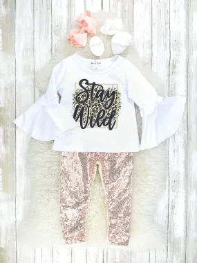 "Stay Wild" Leopard Bell Sleeve Top & Gold Sequin Joggers Outfit