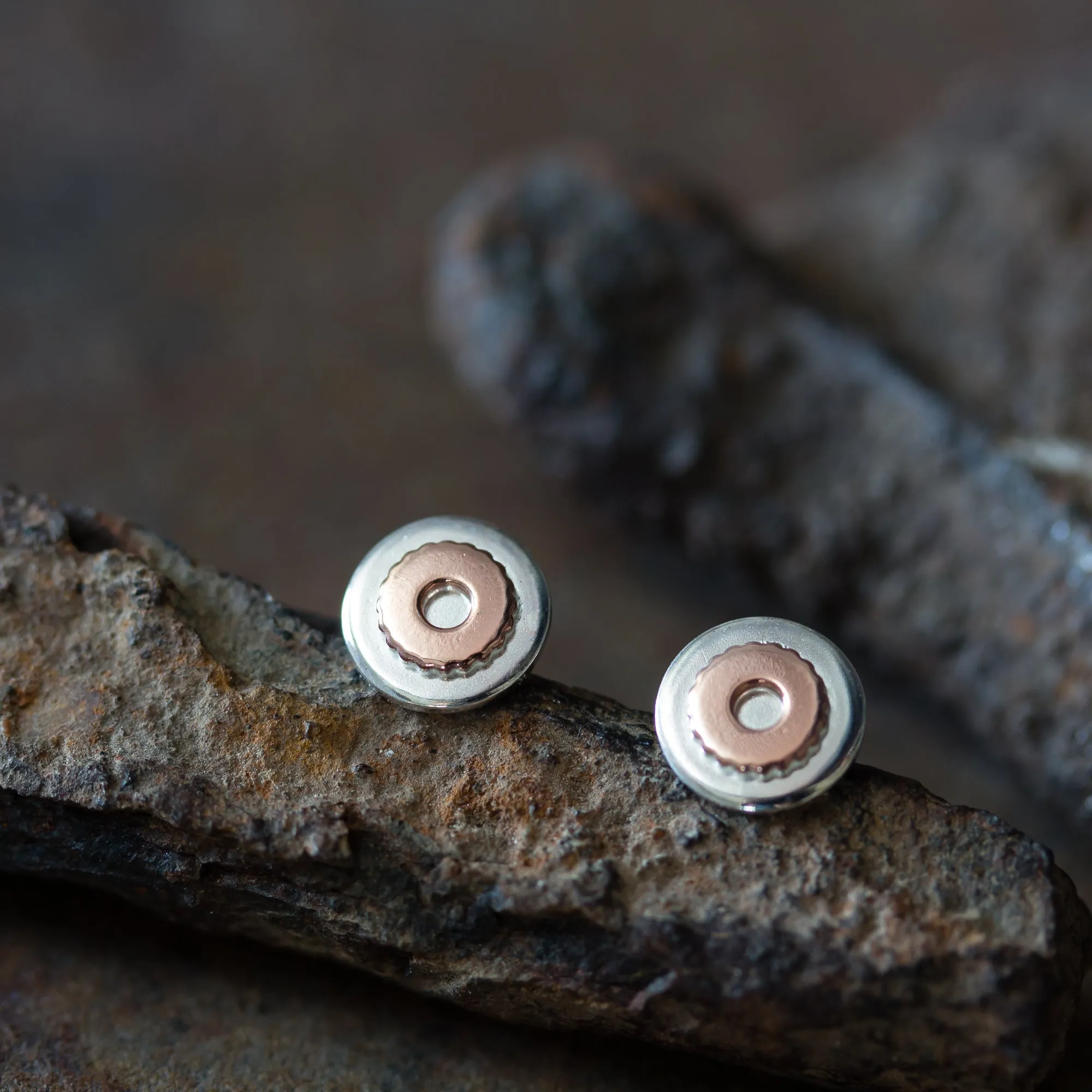 Small Gear Stud Earrings, Sterling Silver and Copper