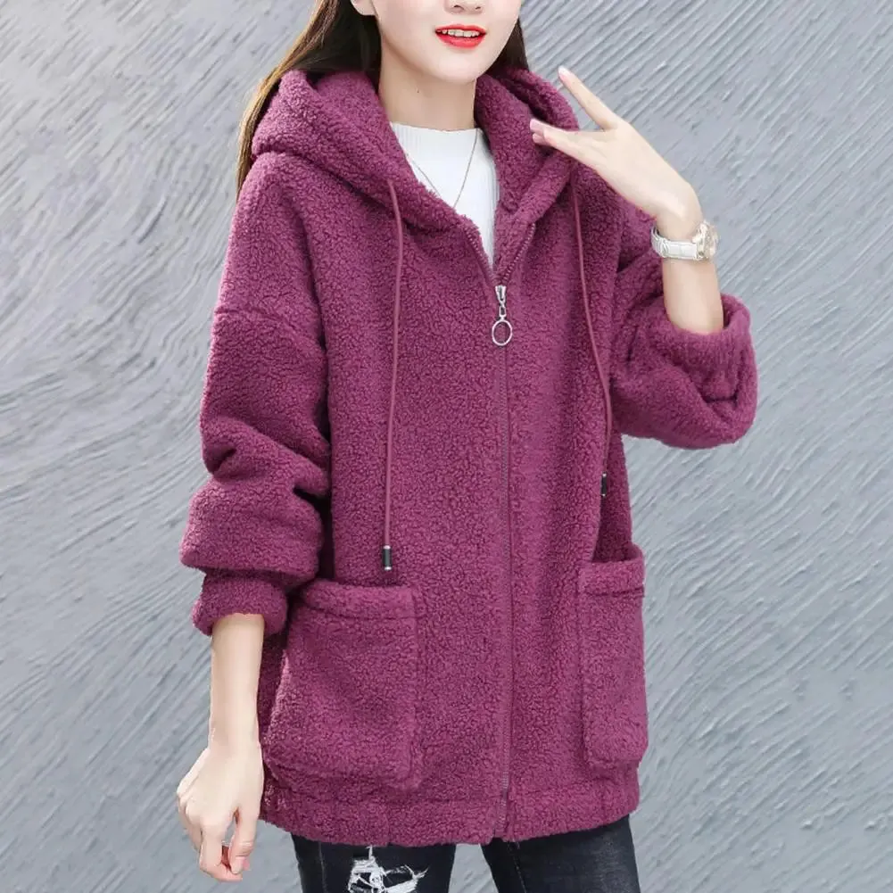 Trendy Lady Winter Coat – Solid Color, Drawstring Fleece, Wear-Resistant Women’s Jacket