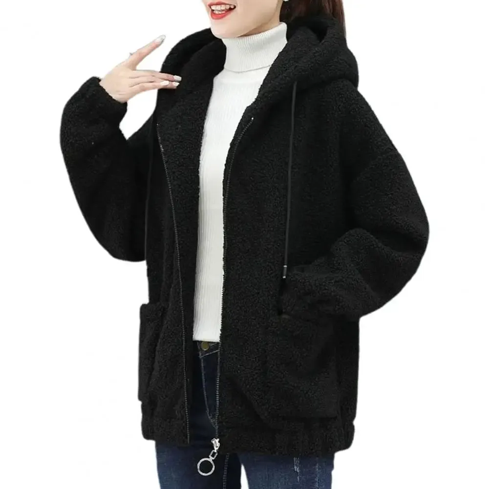 Trendy Lady Winter Coat – Solid Color, Drawstring Fleece, Wear-Resistant Women’s Jacket