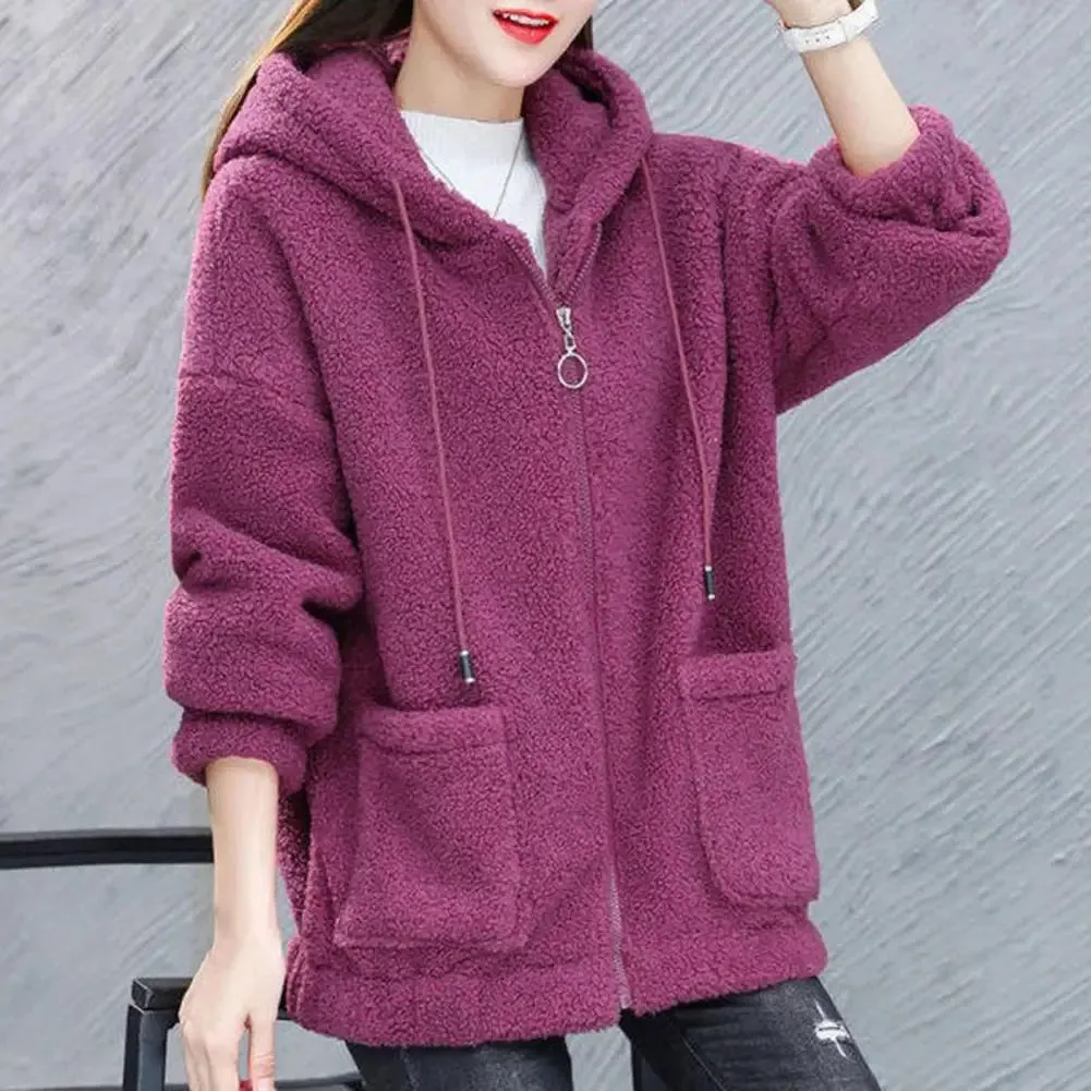 Trendy Lady Winter Coat – Solid Color, Drawstring Fleece, Wear-Resistant Women’s Jacket