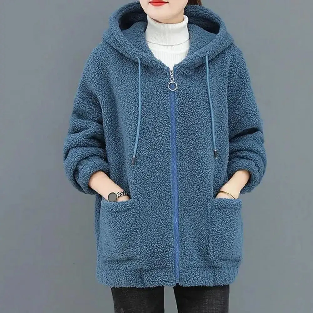 Trendy Lady Winter Coat – Solid Color, Drawstring Fleece, Wear-Resistant Women’s Jacket