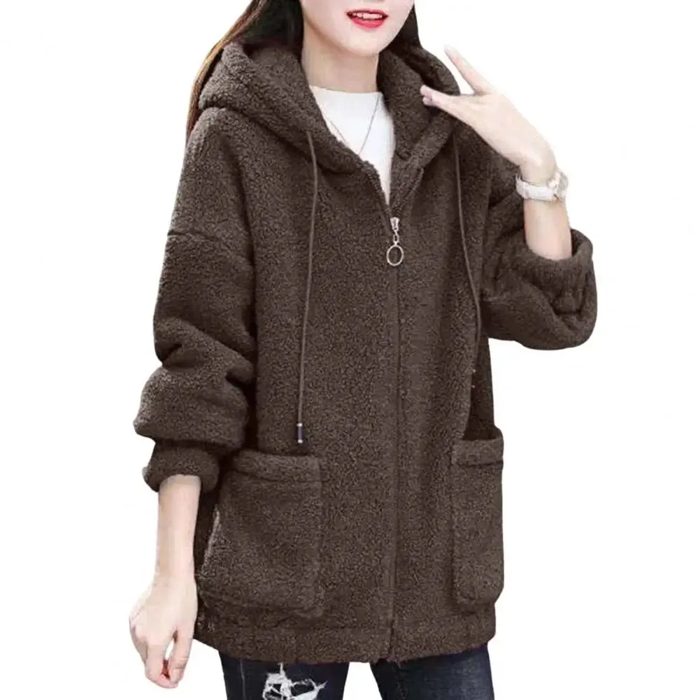 Trendy Lady Winter Coat – Solid Color, Drawstring Fleece, Wear-Resistant Women’s Jacket