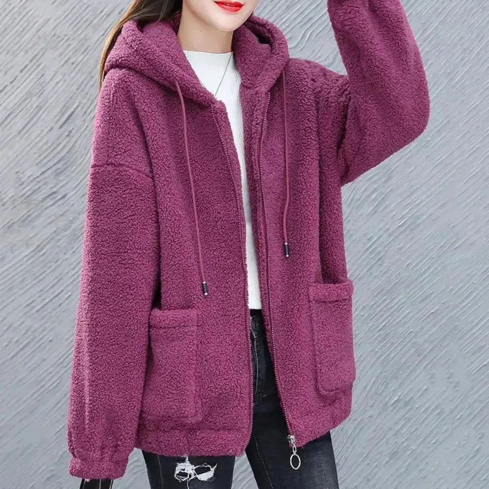 Trendy Lady Winter Coat – Solid Color, Drawstring Fleece, Wear-Resistant Women’s Jacket