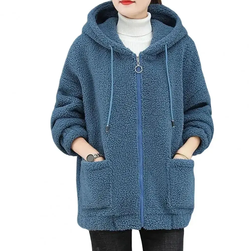 Trendy Lady Winter Coat – Solid Color, Drawstring Fleece, Wear-Resistant Women’s Jacket