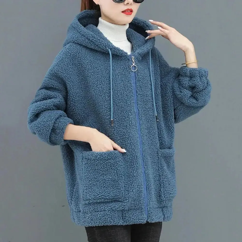 Trendy Lady Winter Coat – Solid Color, Drawstring Fleece, Wear-Resistant Women’s Jacket