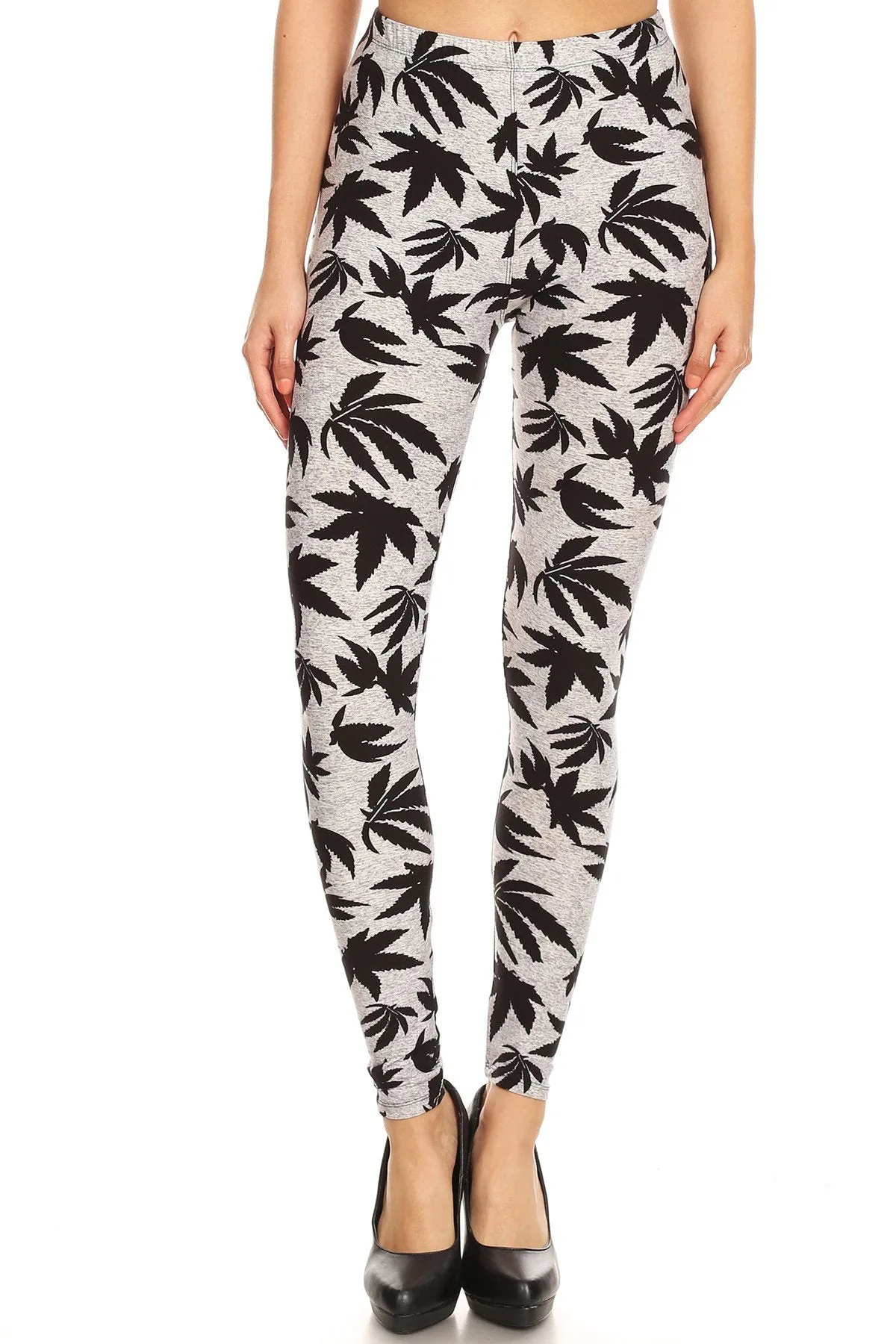 Women's 3X 5X Allover Grey Black Cannabis Leaf Plant Pattern Print Leggings