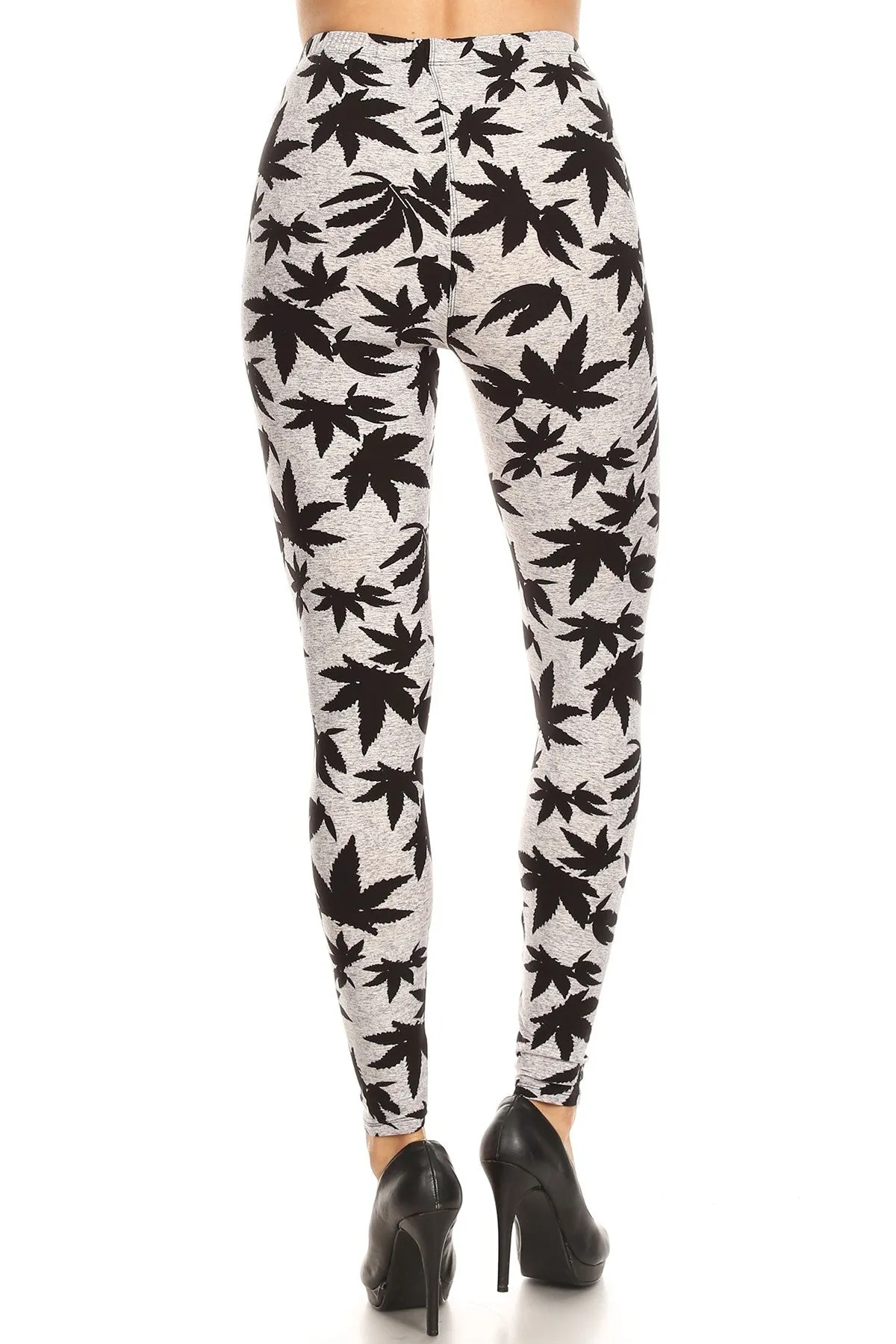 Women's 3X 5X Allover Grey Black Cannabis Leaf Plant Pattern Print Leggings