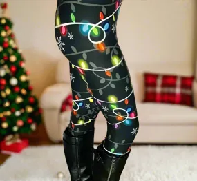 Womens Christmas Holiday Lights Leggings, Soft Yoga Pants, Sizes 0-22, Yoga Waist, Black/Multi, Exclusive Leggings