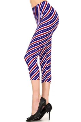 Women's Plus American Flag Diagonal Printed Cropped Capri Leggings