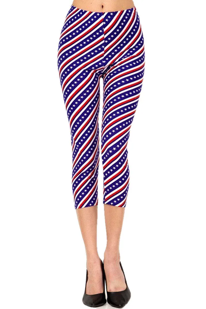 Women's Plus American Flag Diagonal Printed Cropped Capri Leggings