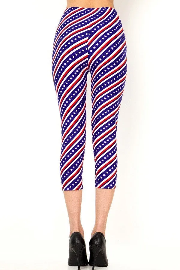 Women's Plus American Flag Diagonal Printed Cropped Capri Leggings