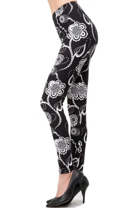 Women's Plus B&W Abstract Floral Pattern Printed Leggings